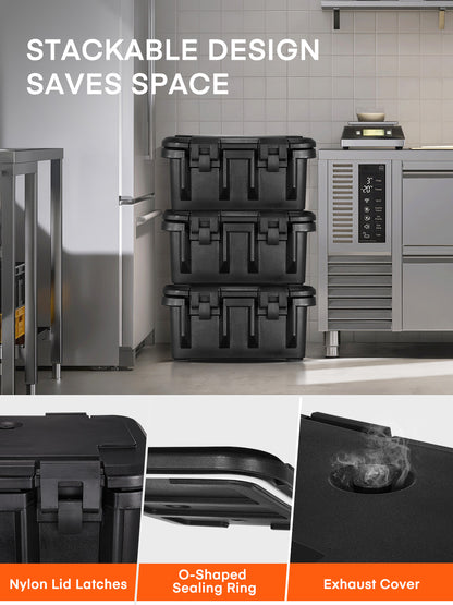 Gastronomie-Speisewärmer, 34 Liter Toplader mit 3 lebensmittelechten Behältern, Verschlussklammern, stapelbares Design, tragbarer Speisewärmer für Party, Buffet, Restaurant