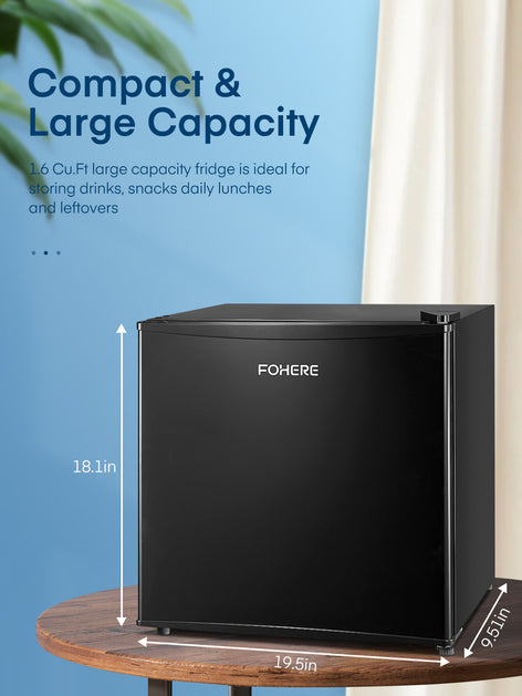 FOHERE 1.6 Cu. Ft Mini Refrigerator with Top Freezer, Single Door, 46L Capacity, Black
