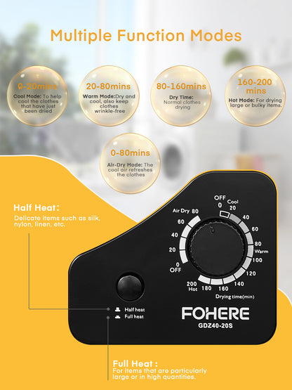 Wäschetrockner, 2.9 cu.ft FOHERE Tragbarer Kompakter Trockner, 1400W Ablufttrockner mit Sensor, 5 Auto-Trockenmodi, mit Abluftschlauch & Edelstahl Trommel, für Wohnung, Haus, Wohnheim-110V, Schwarz