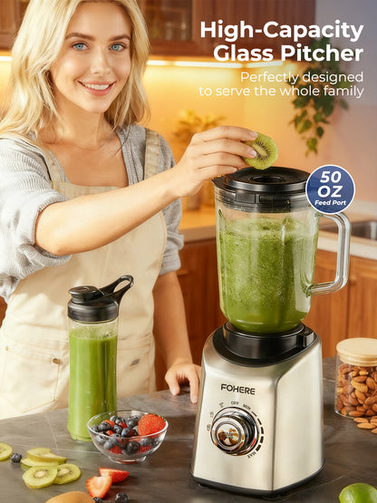 FOHERE Küchenmixer, 1,5-Liter-Profi-Standmixer aus Glas für Smoothies und Shakes mit 1 Tritan-Becher, 5 Geschwindigkeiten, 3 voreingestellten Programmen, 1300W Spitzenleistung
