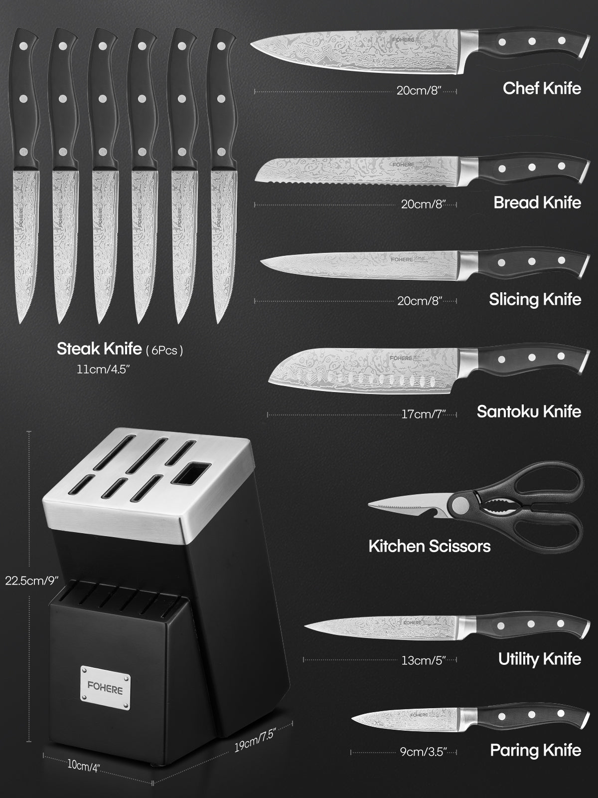 Knife Block Set, FOHERE 14 Pieces Self Sharpening Knife Block Set, Stainless Steel Waved Pattern Knife Set with Block, Rust & Stain Resistant Kitchen Knives and Triple Riveted Handle, Black
