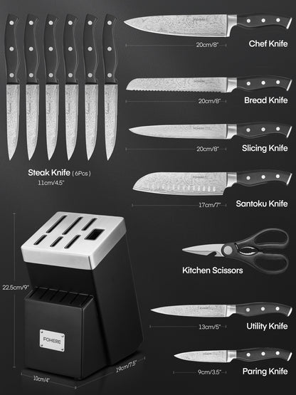 Messerblock-Set, FOHERE 14-teiliges selbstschärfendes Messerblock-Set, Messer-Set aus Edelstahl mit Wellenmuster und Block, rost- und schmutzabweisende Küchenmesser und dreifach genieteter Griff, Schwarz