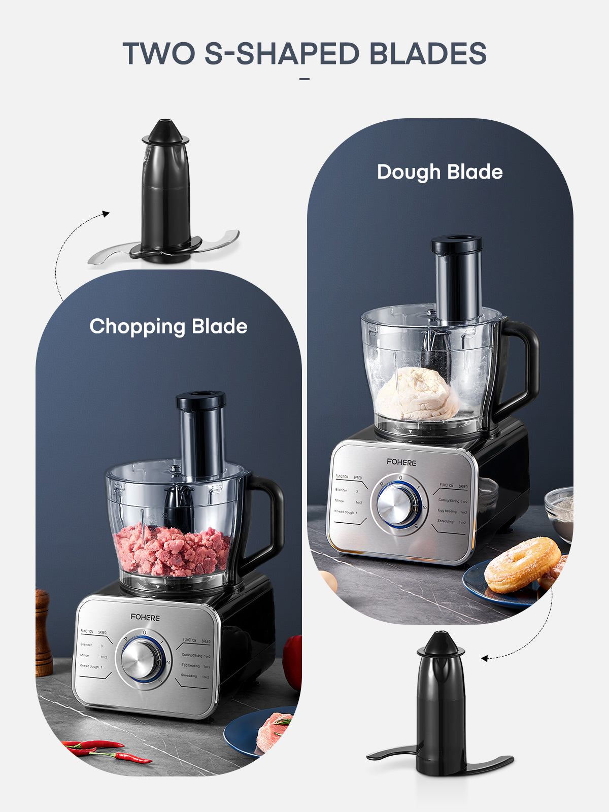 FOHERE 12 Cup Food Processor, Multi-functional Vegetable Cutter, 3 Speeds 6 Main Functions with Chopper Blade, Dough Blade, Shredder, Slicing Attachments, Silver