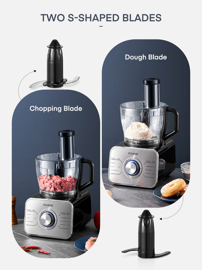 FOHERE 12 Cup Food Processor, Multi-functional Vegetable Cutter, 3 Speeds 6 Main Functions with Chopper Blade, Dough Blade, Shredder, Slicing Attachments, Silver