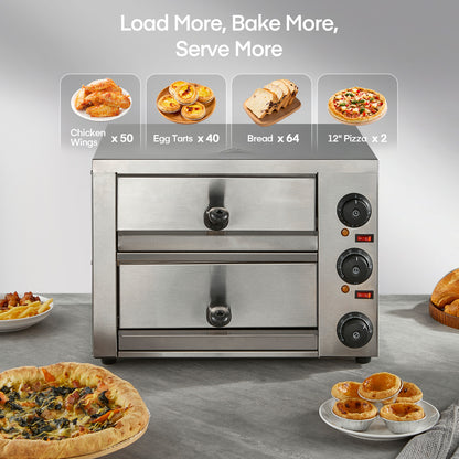 Kommerzieller Pizzaofen, 1700W, 350°C Max. Temperatur, 12 Zoll Doppeldeck, Mehrzweck-Pizzamaker für Restaurant, Zuhause, Party