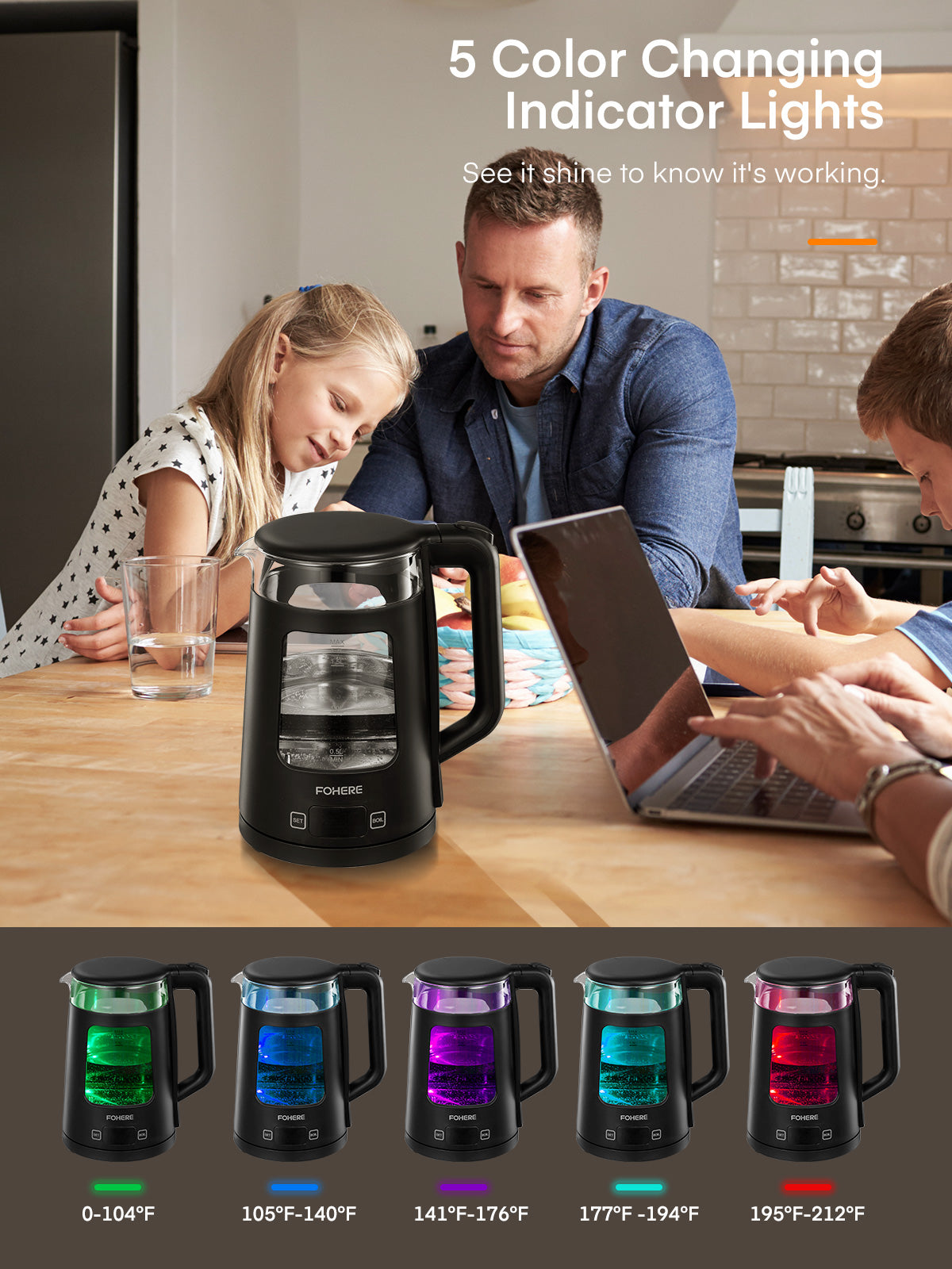 Wasserkocher mit Temperaturregelung, 5 voreingestellten LED-Farben, 1500W Schnellkochfunktion, 1.7L Glasteekessel & Heißwasserspender, Warmhaltefunktion, 100% BPA-frei, Edelstahlboden, Schwarz