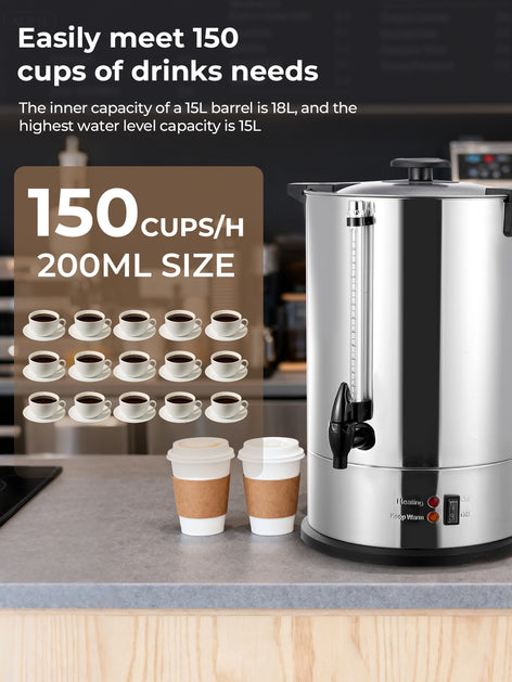 Coffee Maker 150 Cups Commercial, Coffee Urn 15 L/3.96 Gal Electric Hot Beverage Dispenser with Dripless Faucet, 1500W Power Quick Brew, Stays Hot for Coffee & Beverage, Catering, Party