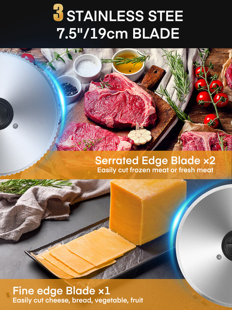 FOHERE Meat Slicer, 250W Deli & Food Slicer with Three 7. 5inch Stainless Steel Blades and Food Tray, for Bread Fruit Vegetable ,Silver