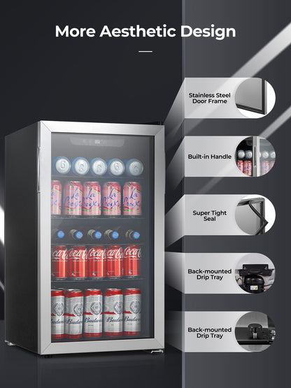 FOHERE Getränkekühlschrank, 120 Dosen Minikühlschrank mit Glastür für Soda, Bier oder Wein, Getränkespender mit verstellbaren, herausnehmbaren Regalböden, freistehender Getränkekühlschrank für Büro, Bar, Zuhause