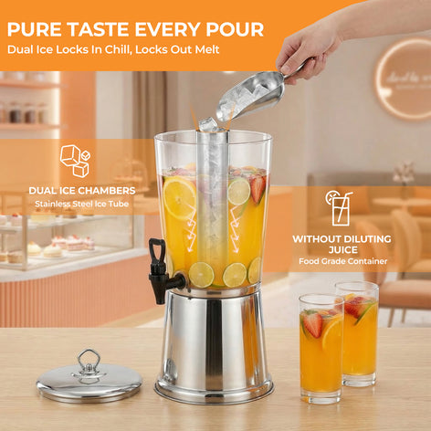 2 Gallon Beverage Dispenser with Stand, Stainless Steel Drink Dispenser for Parties, Clear Acrylic Water Juice Jug with Ice Core & Spigot for Buffet, Weddings, Outdoor Events