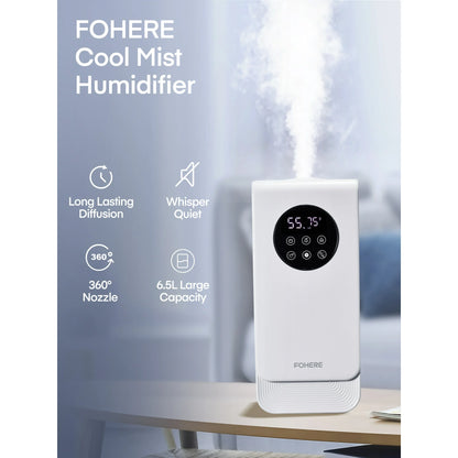 FOHERE Kalt- und Warmluftbefeuchter, einfache Befüllung von oben, 6,5 l großes Fassungsvermögen, Ultraschall-Luftbefeuchter für Schlafzimmer und große Räume, mit Aromaöl-Diffusor, Nachtlicht, Timer, leise, weiß
