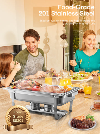 4er-Pack 9,1 Liter Chafing Dish Buffet-Set aus Edelstahl mit 4 Löffeln und Klammern, 4 klappbaren Rahmen-Tablettständern, ideal für Partys, Hochzeiten, Catering