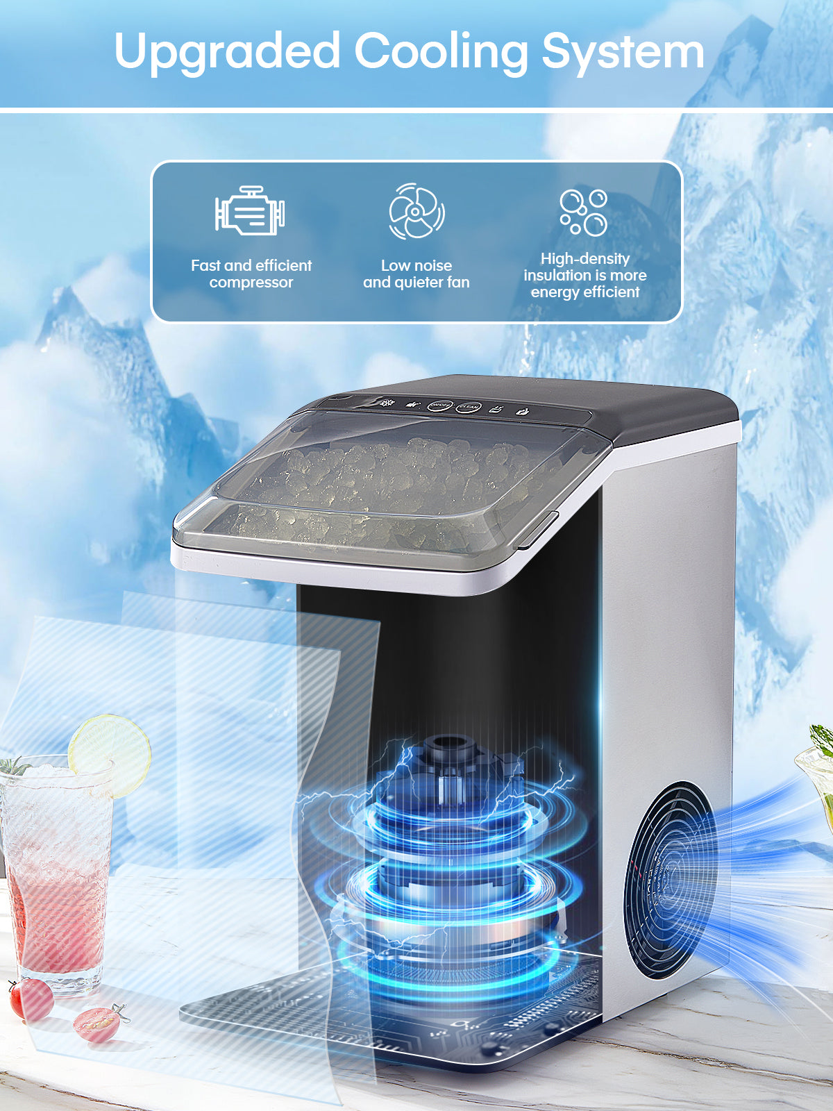 Nugget-Eismaschine für die Arbeitsplatte, 38 Lbs in 24 Std., kaubare Pellet-Eiswürfel, Selbstreinigend, fingerabdruckfreies Edelstahlgehäuse, tragbare Eismaschine mit Eisschaufel und Korb für Zuhause