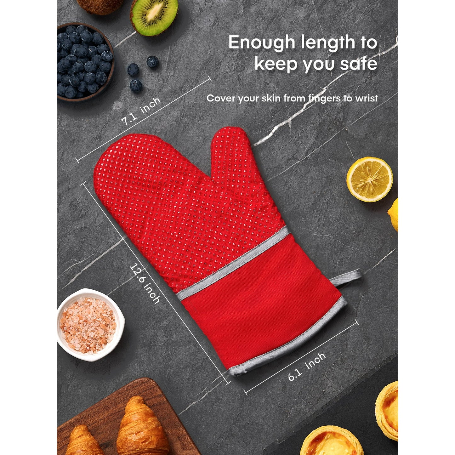 Oven Mitts, Heat Resistant Kitchen Oven Gloves 572°F, Non-Slip Silicone Surface, Extra Long Flexible Thick Mitts for Kitchen , Cooking , Baking , BBQ , Red