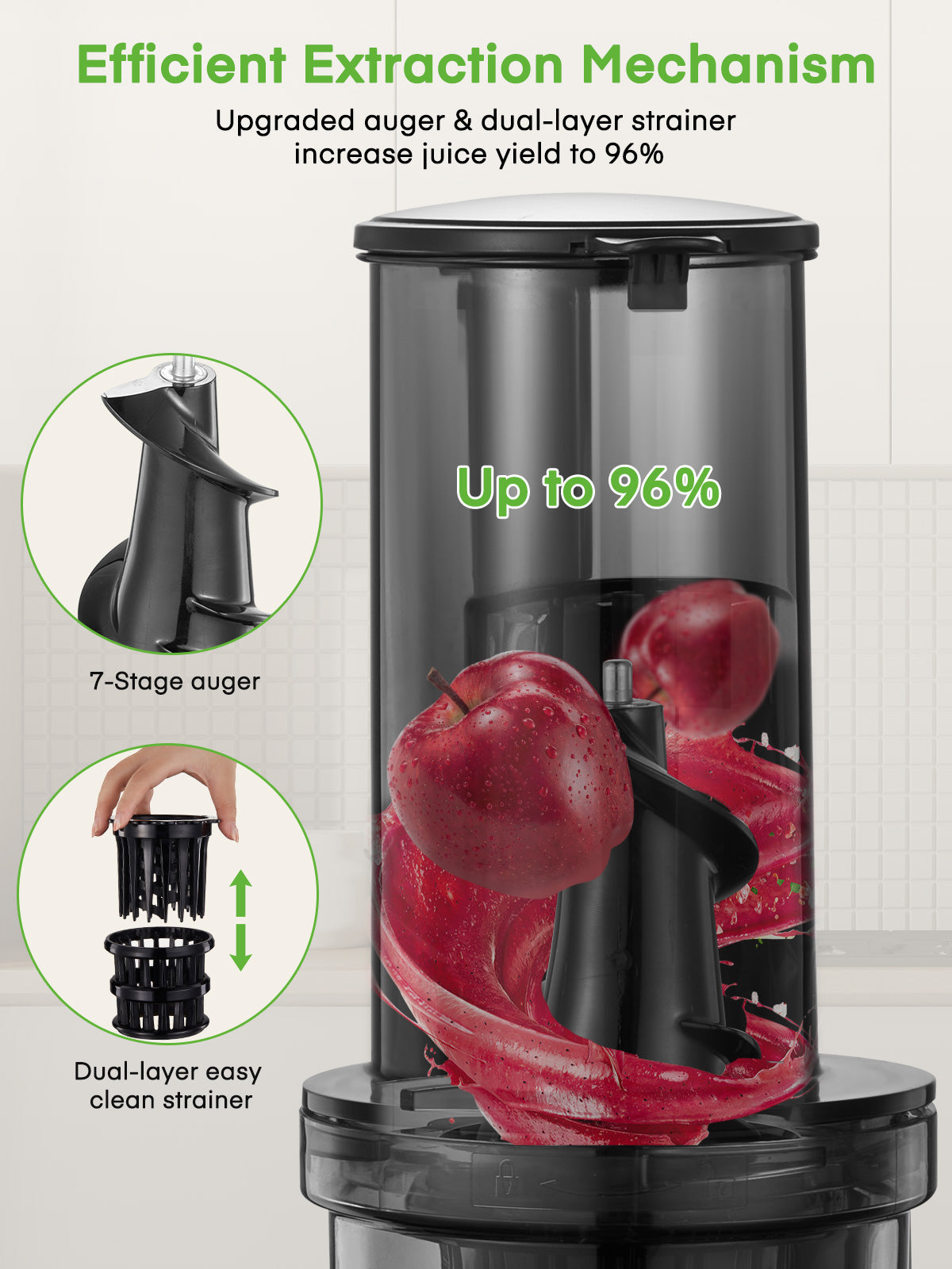 Entsafter Gemüse und Obst, FOHERE Kaltpress-Entsafter Entsafter, für ganze Früchte und Gemüse mit 12 cm breiter Öffnung, leicht zu reinigen, Slow Masticating Juicer mit leisem Motor, Rückwärtsfunktion