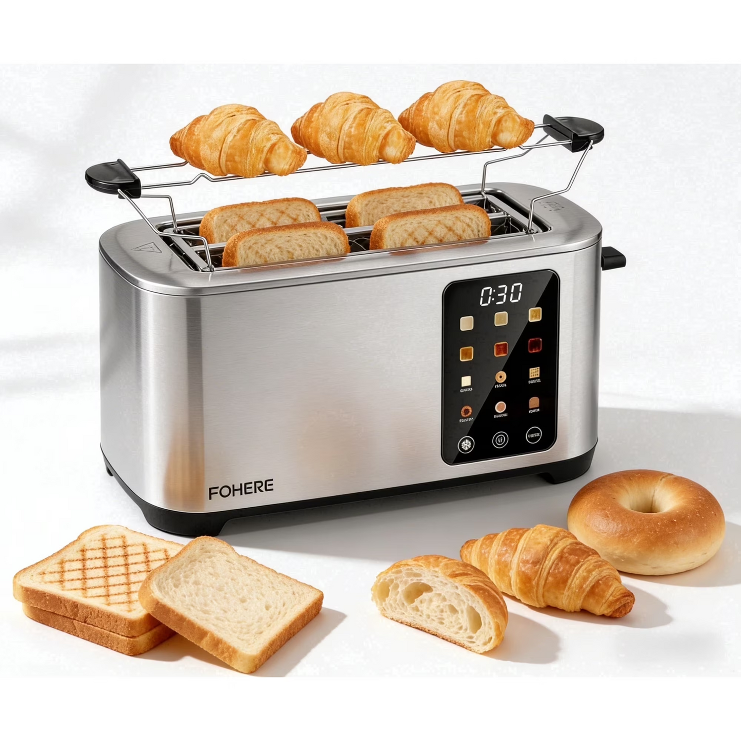 4-Scheiben-Toaster mit Touchscreen-Steuerung, lange extra breite Schlitze, intelligenter Brotröster, 6 Brotsorten und 6 Bräunungsstufen, Edelstahl-Toaster, mit herausnehmbarem Tablett, Stopp-/Auftau-/Aufwärmfunktionen, Silber