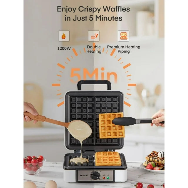 1200W Waffeleisen, 4-Scheiben-Waffeleisen, antihaftbeschichtet, Bräunungsgradregelung, Weiß