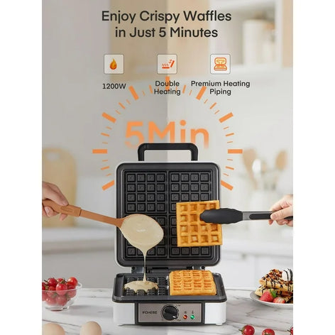 FOHERE 4-Slice Waffle Maker, 1200W Waffle Iron, Non-Stick, Browning Control, White