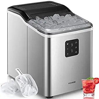 Eiswürfelbereiter Arbeitsplatte Edelstahl, 28lbs in 24 Stunden, 9 Würfel in 6 Minuten, Selbstreinigende Tragbare Eismaschine, 2 Größen Bullet-Eis für Zuhause Büro Bar Party, LED-Anzeige, FOHERE