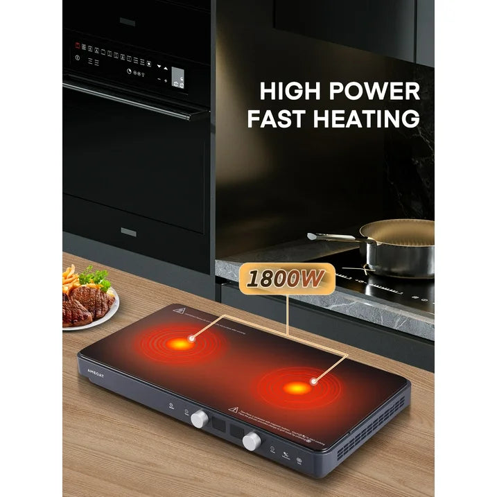 Induction Cooktop 2 Burners 1800W with Removable Cast Iron Griddle Pan Non-Stick, 8 Power Levels Control