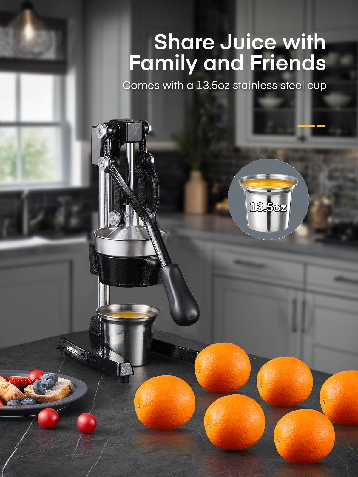 FOHERE Orangen-Entsafter, Zitruspresse aus Gusseisen, manuelle Entsafterpresse für Orangen, Zitronen, Granatäpfel, Grapefruit, leicht zu reinigen – inklusive Edelstahlbecher
