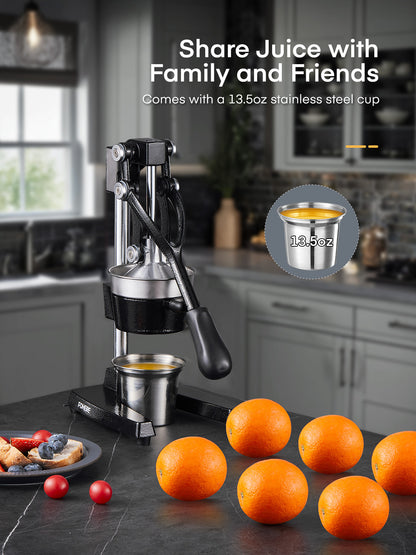 FOHERE Orangen-Entsafter, Zitruspresse aus Gusseisen, manuelle Entsafterpresse für Orangen, Zitronen, Granatäpfel, Grapefruit, leicht zu reinigen – inklusive Edelstahlbecher
