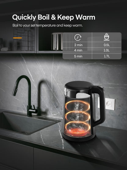 Wasserkocher, 1,7 L Teekessel, FOHERE Glaskessel mit weiter Öffnung, 1500 W schnelles Aufkochen, 5 Temperatureinstellungen, automatische Abschaltung und Trockengehschutz, mit 5 farbigen Lichtern, BPA-frei, leicht zu reinigen, Schwarz