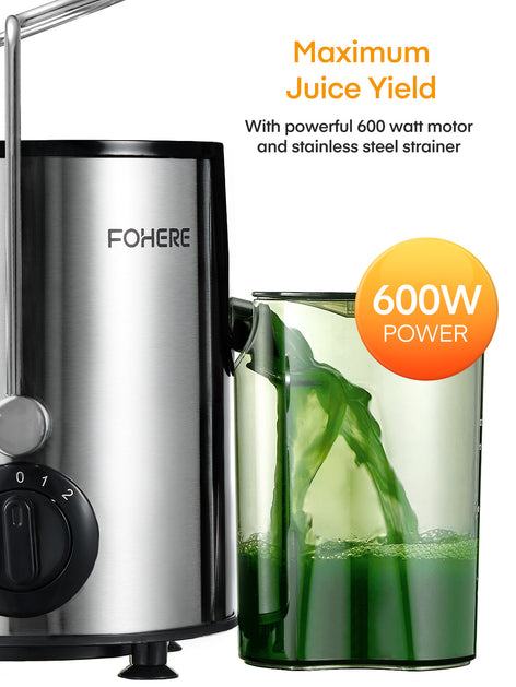 Juicer Machines, FOHERE Centrifugal Juicer with Wide Mouth 3” Feed Chute 600W, for Vegetable and Fruit with 3-Speed Setting, BPA Free, Easy to Clean, Juice Recipe Included