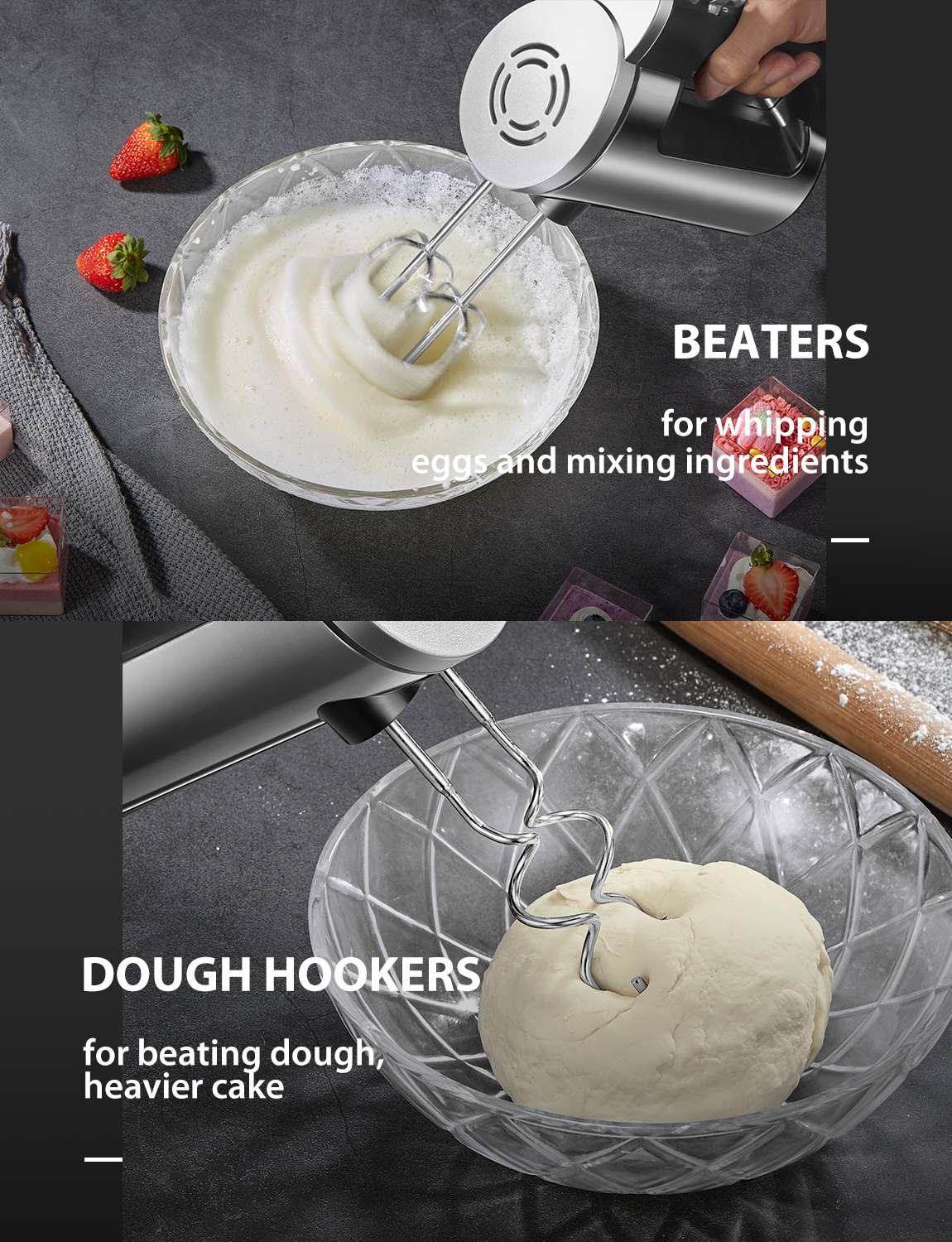 6-Gang-Handmixer mit Turbo-Boost, Küchen-Stabmixer zum Schlagen von Speisen, Eierschläger inklusive 3 Aufsätzen, Silber