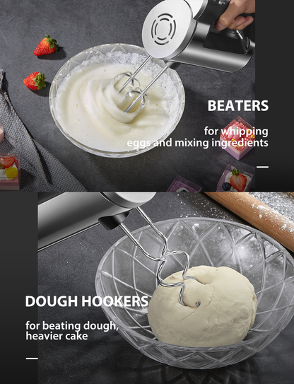 6-Gang-Handmixer mit Turbo-Boost, Küchen-Stabmixer zum Schlagen von Speisen, Eierschläger inklusive 3 Aufsätzen, Silber