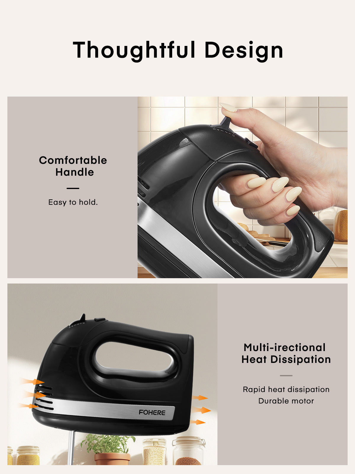 Handmixer mit Aufbewahrungsbox, 5 Geschwindigkeitsstufen und Turbo, FOHERE Elektrischer Eierschläger mit 6 Zubehörteilen