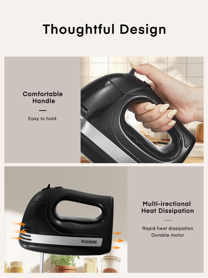 Handmixer mit Aufbewahrungsbox, 5 Geschwindigkeitsstufen und Turbo, FOHERE Elektrischer Eierschläger mit 6 Zubehörteilen