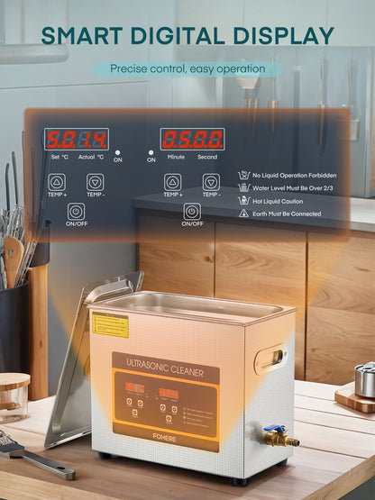 FOHERE Ultraschallreinigungsgerät 6,5L mit Heizung und Timer, 180W Edelstahl Ultraschallreiniger für Teile, Brillen, Uhren, Zahnspangen