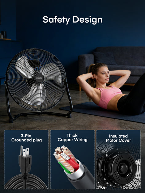 FOHERE 20" High Velocity Industrial Fan, 30 ft/s Powerful Floor Fan with 360° Tilt, 3-Speed Heavy Duty Metal Shop Fan for Garage, Workshop, Gym, Patio & Commercial Use, ETL Safety Certified