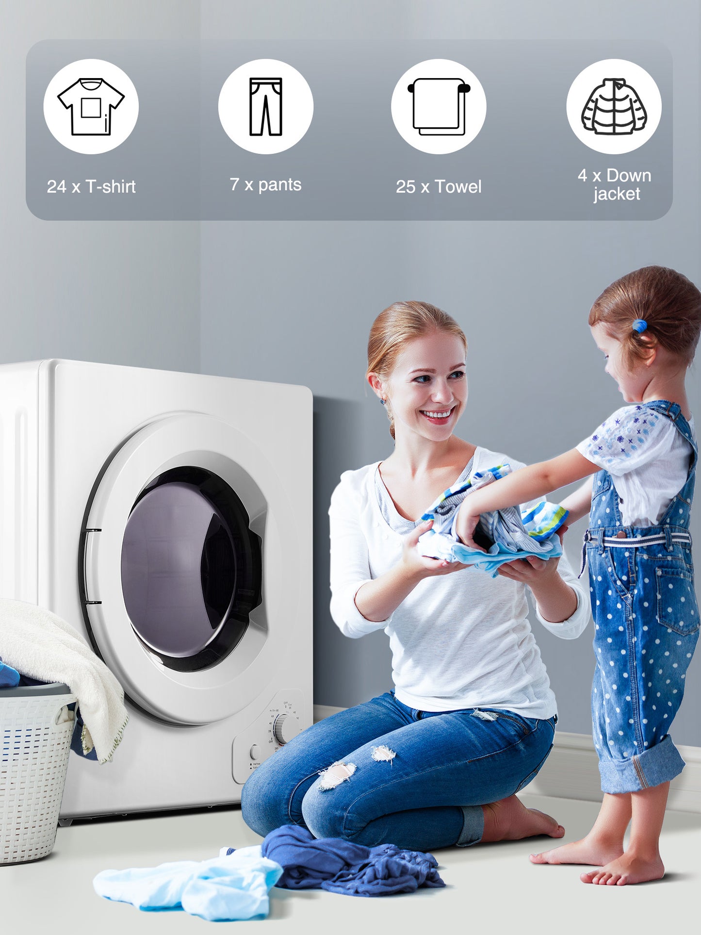 Compact Dryer, 2.9 cu.ft FOHERE Portable Clothes Dryers, 1400W Vented Tumble Dryer with Sensor, 5 Auto Drying Mode, with Exhaust Duct & Stainless Steel Tub, for Apartment, Home, Dorm-110V, White