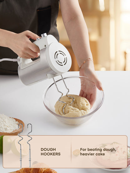 6-Gang-Handmixer mit Turbotaste, Küchenstabmixer zum Aufschlagen von Speisen, Eierschläger inkl. 3 Aufsätzen, Weiß