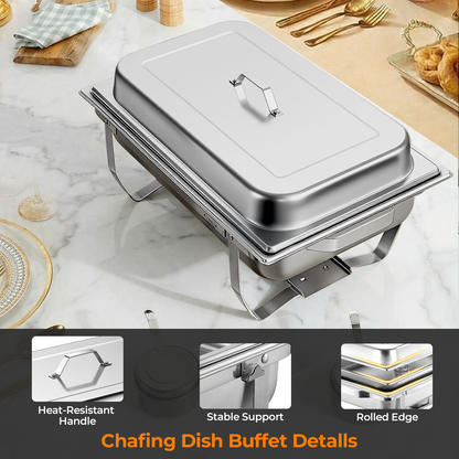 9,5-Liter-Chafing-Dish-Buffet-Set, 4 Stück, Edelstahl-Chafing-Dish-Buffet-Set mit ganzen/halben/drittel Pfannen, Buffetservierer und Wärmer für Catering, Hochzeiten, Partys und Veranstaltungen