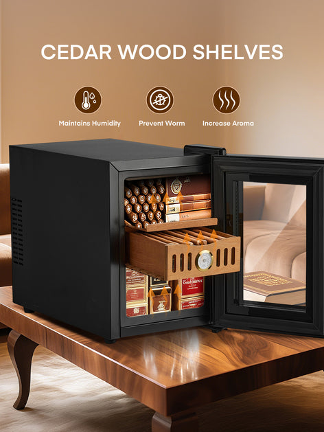 Electric Cigar Humidor for 140 Cigars, 17L Cigar Cabinet with Temperature Control, Spanish Cedar Wood Shelves, Digital Hygrometer, Gift for Men