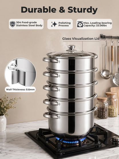5-stöckiger Edelstahl-Dampfgarer, 8,5QT Multifunktions-Suppentopf mit gehärtetem Glasdeckel, stapelbar, kompatibel mit Induktions- und Gasherden, FOHERE