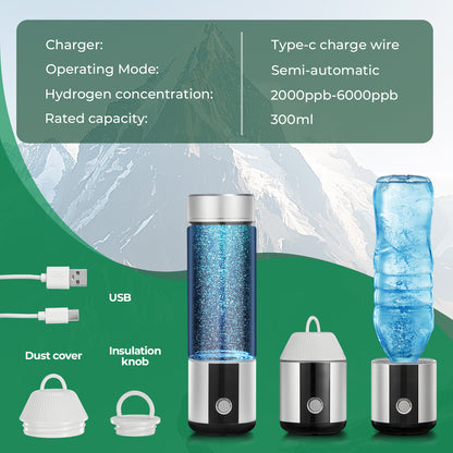Hydrogen Water Bottle Generator, up to 6000 PPB Glass Portable Hydrogen Water Machine with SPE/PEM Technology, 6H Retention BPA Free