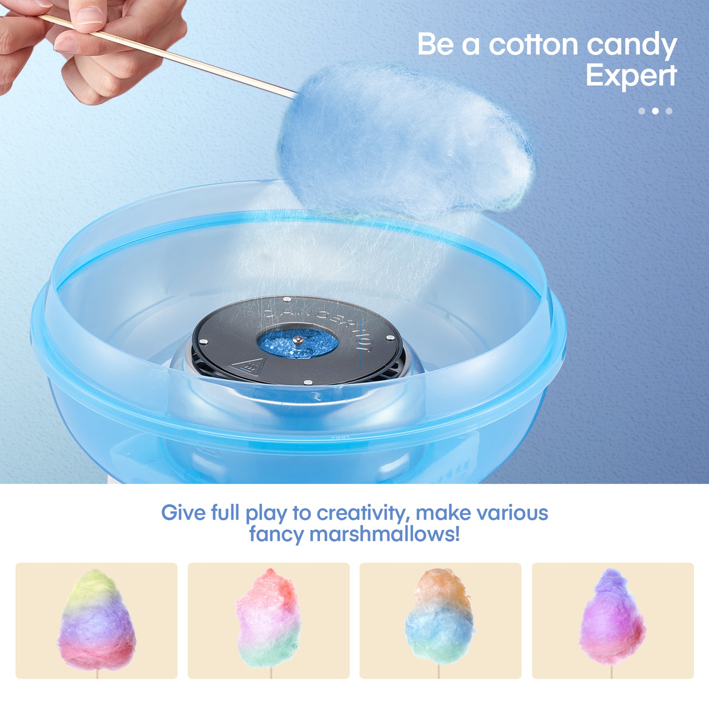 Zuckerwattemaschine, Zuckerwattenbereiter für Kinder mit Zuckerlöffel und 10 Zuckerwattestäbchen, Weihnachtsblau, FOHERE
