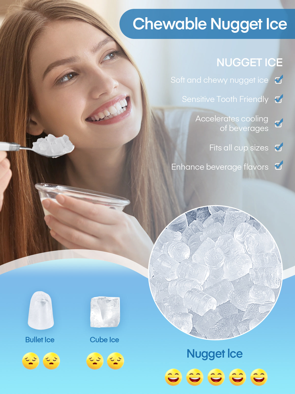 Nugget-Eismaschine für die Arbeitsplatte, 38 Lbs in 24 Std., kaubare Pellet-Eiswürfel, Selbstreinigend, fingerabdruckfreies Edelstahlgehäuse, tragbare Eismaschine mit Eisschaufel und Korb für Zuhause