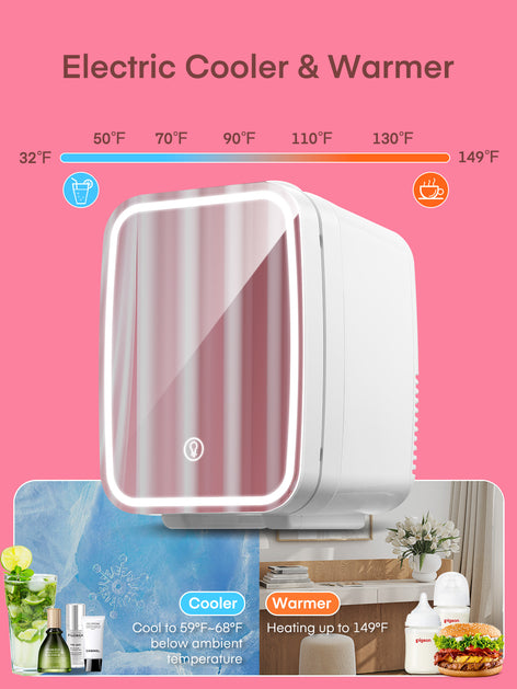 Mini Skincare Fridge with Dimmable LED Light Mirror, 5L/6 Can Portable Small Refrigerator for Bedroom, Dorm, Office, Cooler & Warmer Compact Fridge