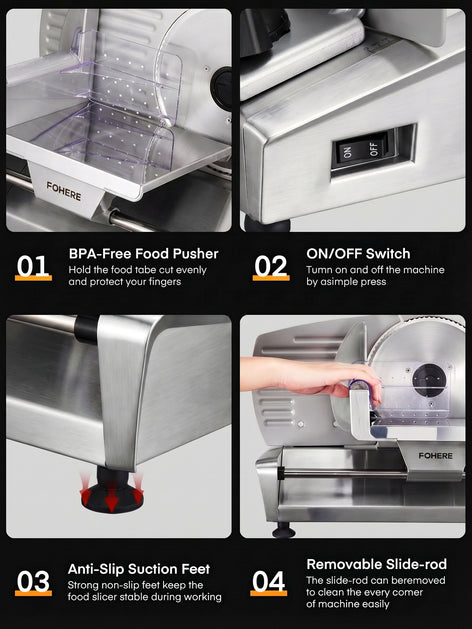 FOHERE Meat Slicer, 250W Deli & Food Slicer with Three 7. 5inch Stainless Steel Blades and Food Tray, for Bread Fruit Vegetable ,Silver