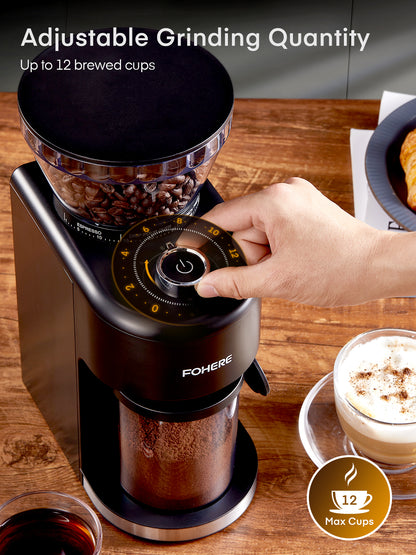 Antistatischer konischer Kaffeemühle FOHERE Verstellbare Gratschleifmaschine mit 35 präzisen Mahlgradeinstellungen, 2-12 Tassen-Timer, für Espresso, Filterkaffee, French Press, Schwarz