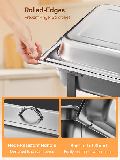 4er-Pack 9,1 Liter Chafing Dish Buffet-Set aus Edelstahl mit 4 Löffeln und Klammern, 4 klappbaren Rahmen-Tablettständern, ideal für Partys, Hochzeiten, Catering
