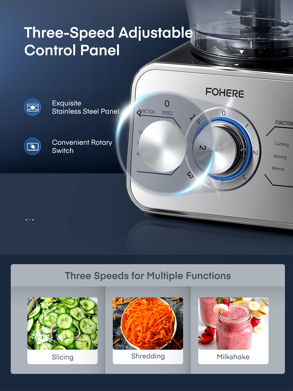 FOHERE 12 Cup Food Processor, Multi-functional Vegetable Cutter, 3 Speeds 6 Main Functions with Chopper Blade, Dough Blade, Shredder, Slicing Attachments, Silver