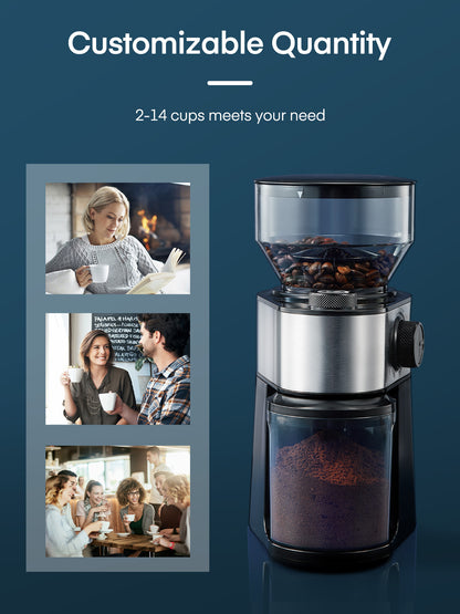 Elektrische Kaffeemühle FOHERE, 200W Upgrade, 18 präzise Mahlgradeinstellungen, 2-14 Tassen einstellbar, Schwarz