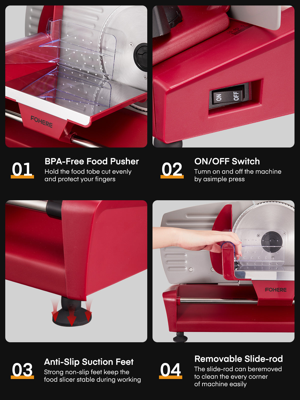 FOHERE Meat Slicer, 200W Electric Food Slicer with 3 Removable 7.5" Stainless Steel Blades and Stainless Steel Tray, Child Lock Protection, Adjustable Thickness, Food Slicer Machine for Meat Cheese Bread