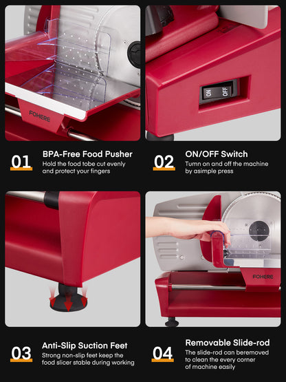 FOHERE Fleischschneidemaschine, 250W Aufschnittmaschine mit drei 7,5-Zoll-Edelstahlklingen und Auffangschale, Rot